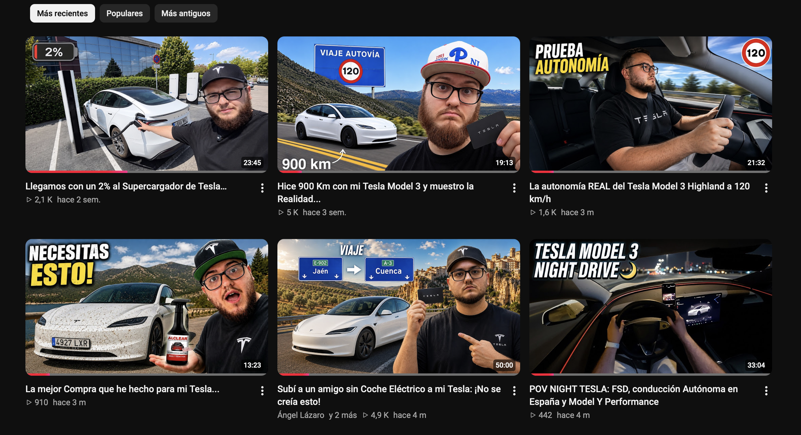 Vídeos del canal personal sobre autonomía, viajes, carga y experiencia con el Tesla Model 3