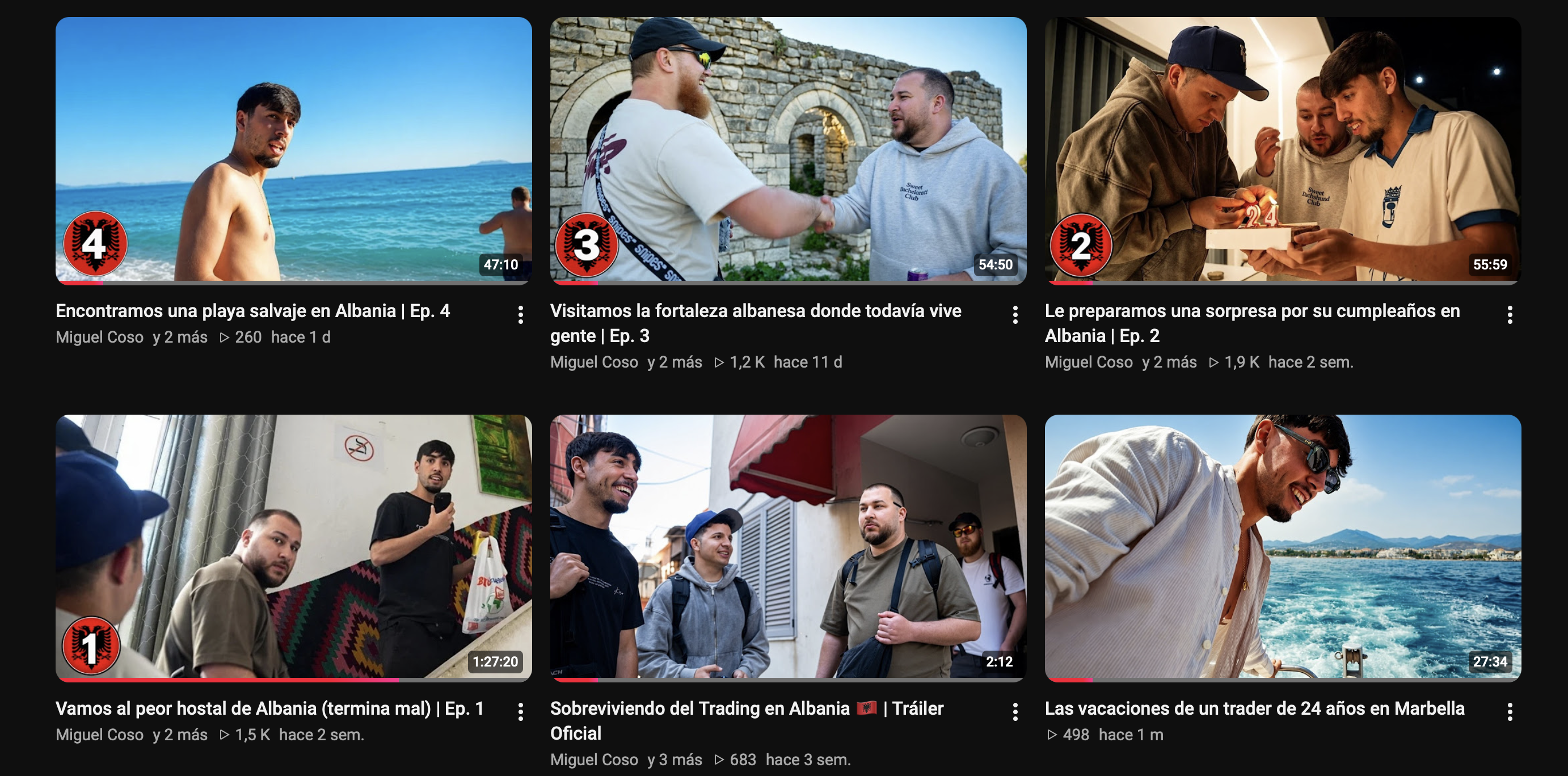 Captura de YouTube con los cuatro episodios de Sobreviviendo del Trading en Albania